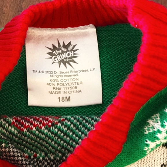 NWT-The Grinch-Dr. Seuss-Toddler Christmas Sweater-Size 18 M-Red, Green & White - Picture 2 of 3